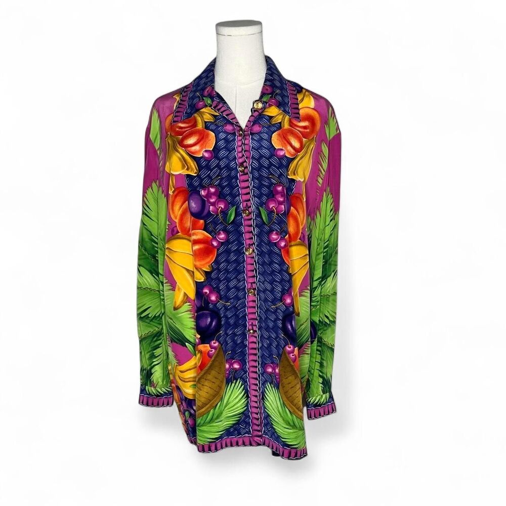 Vintage Liz Claiborne Colorful 100% Silk Tropical Fruit Print Button Down Shirt